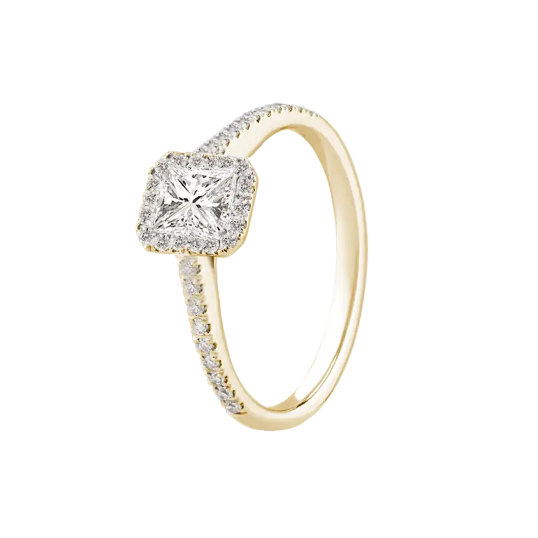 18k gold ring with radiant cut and pave set diamonds